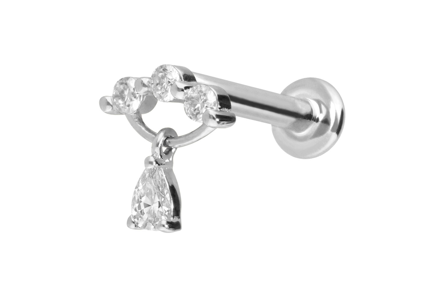 14 Karat Gold Labret Piercing mit Innengewinde MOISSANIT-BOGEN + MOISSANIT-TROPFEN